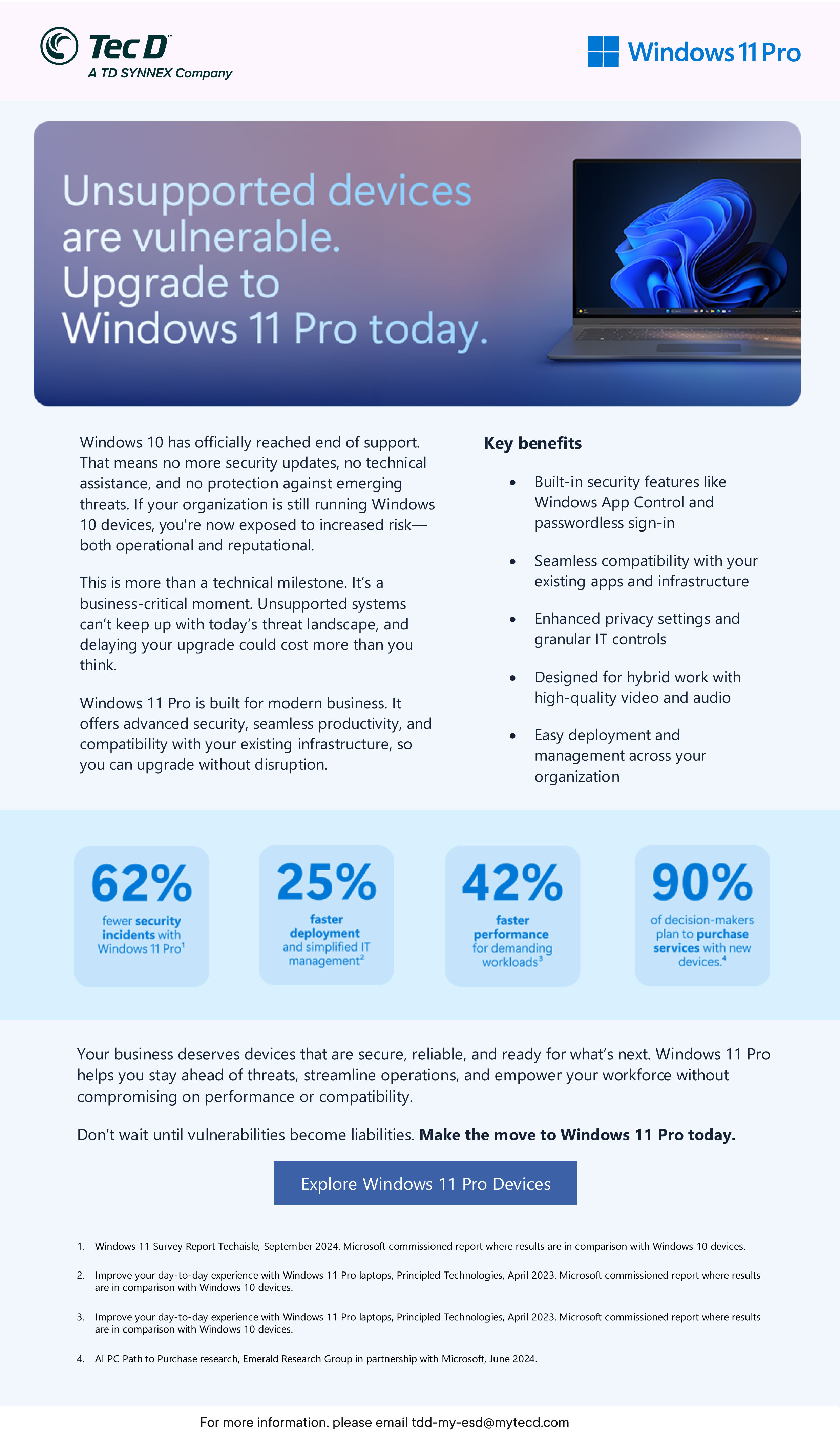 Upgrade to Microsoft Windows 11 Pro now. Unsupported devices are at high risk as there's no security updates, no technical assistance, and no protection against emerging threats.
