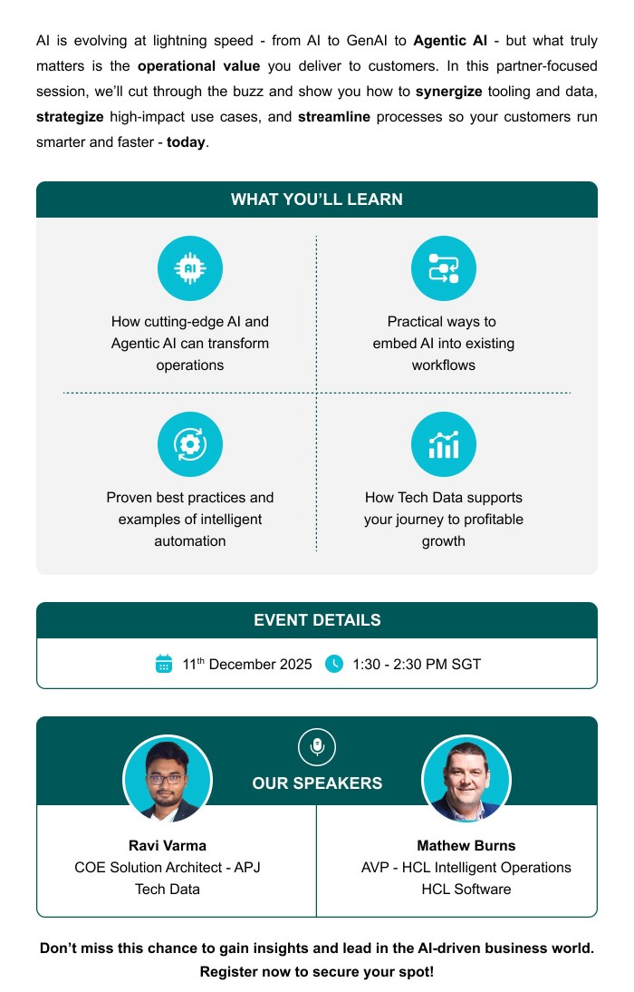 Webinar will happen on 11 Dec 2025 1.30pm - 2.30pm GMT+8. Our objective is to show you how to synergize tooling and data, strategize high-impact use cases and streamline processes to operate smarter and faster today.